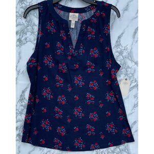 St. Johns Bay Navy Floral Sleeveless Blouse M Cotton/Rayon Blend